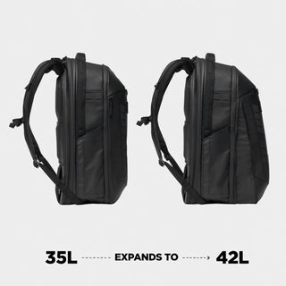 NOMATIC McKinnon Camera Pack 35L V2 in Black, expansion diagram showing the pack going from 35L to 42L