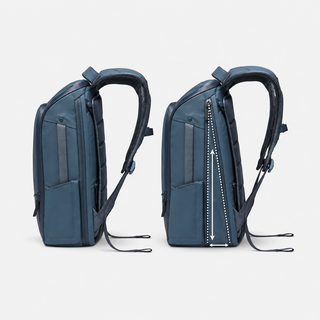 NOMATIC Backpack in Slate, side-by-side view showing expansion zipper capacity