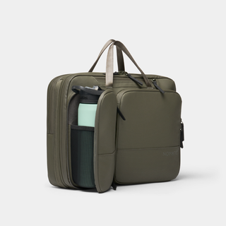 NOMATIC Laptop Bag in olive, angled view with water bottle in side pocket