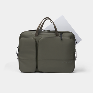 NOMATIC Laptop Bag in olive, front view with tablet tucked into front pocket