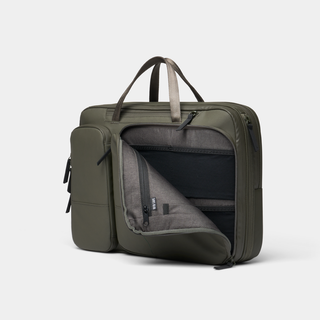NOMATIC Laptop Bag in olive, angled view with expandable side panel open